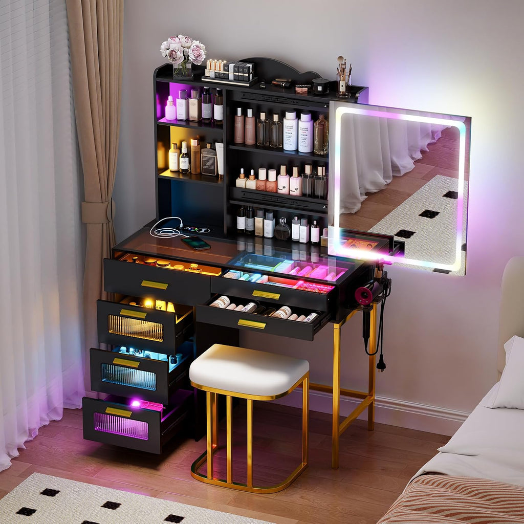 Glass Top Makeup Vanity Desk with RGB LED Light & Adjustable Mirror, Modern Makeup Dresser with Charging Station,Vanity Table Set with 6 Drawers & Hair Dryer Holder for Bedroom,Black