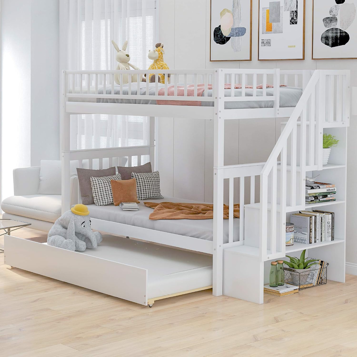 Harper & Bright Designs Bunk Beds Twin Over Twin Size, Solid Wood Bunk Bed with Trundle for Kids and Toddler (White Bunk Beds with Trundle)