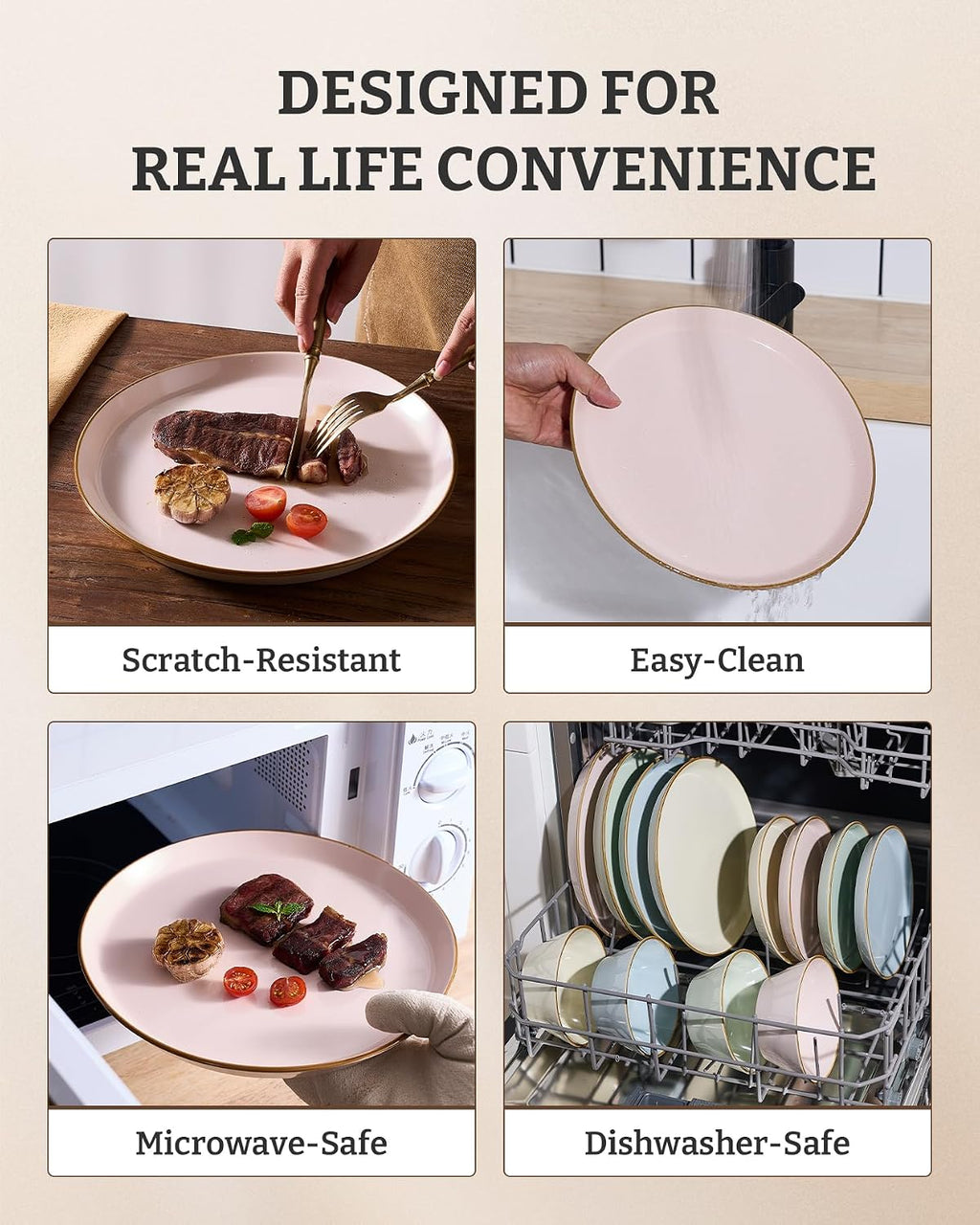 Famiware Saturn Plates and Bowls Dish Sets for 6 (18 Pieces), Stoneware Dinnerware Set with Hand-Painted Trim - Chip & Scratch Resistant, Microwave & Dishwasher Safe Ceramic Dishes, Light Pink