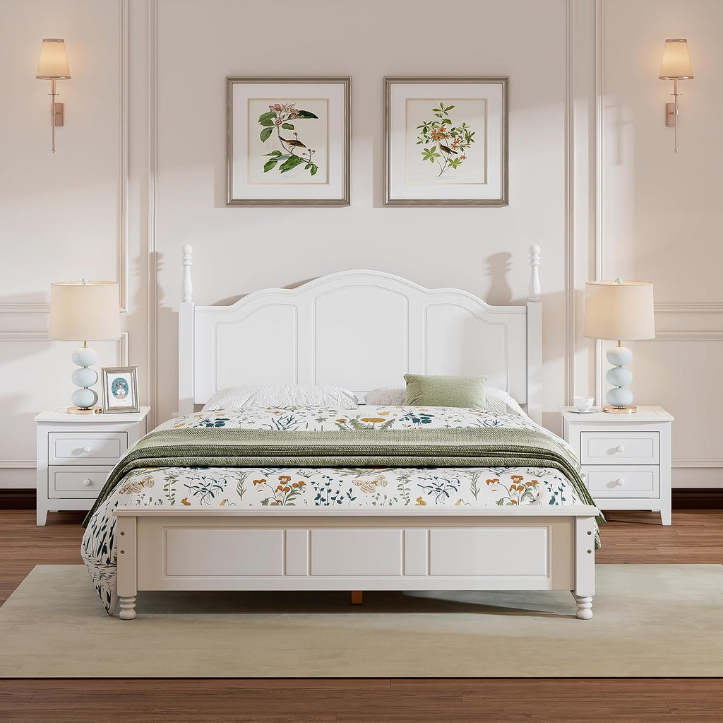 3-Pieces Queen Bedroom Sets, Platform Bed with Retro Headboard and 2 Nightstand, Wooden Bedroom Furniture Bed and Nightstand Combo, for Adults Teens Kids, White