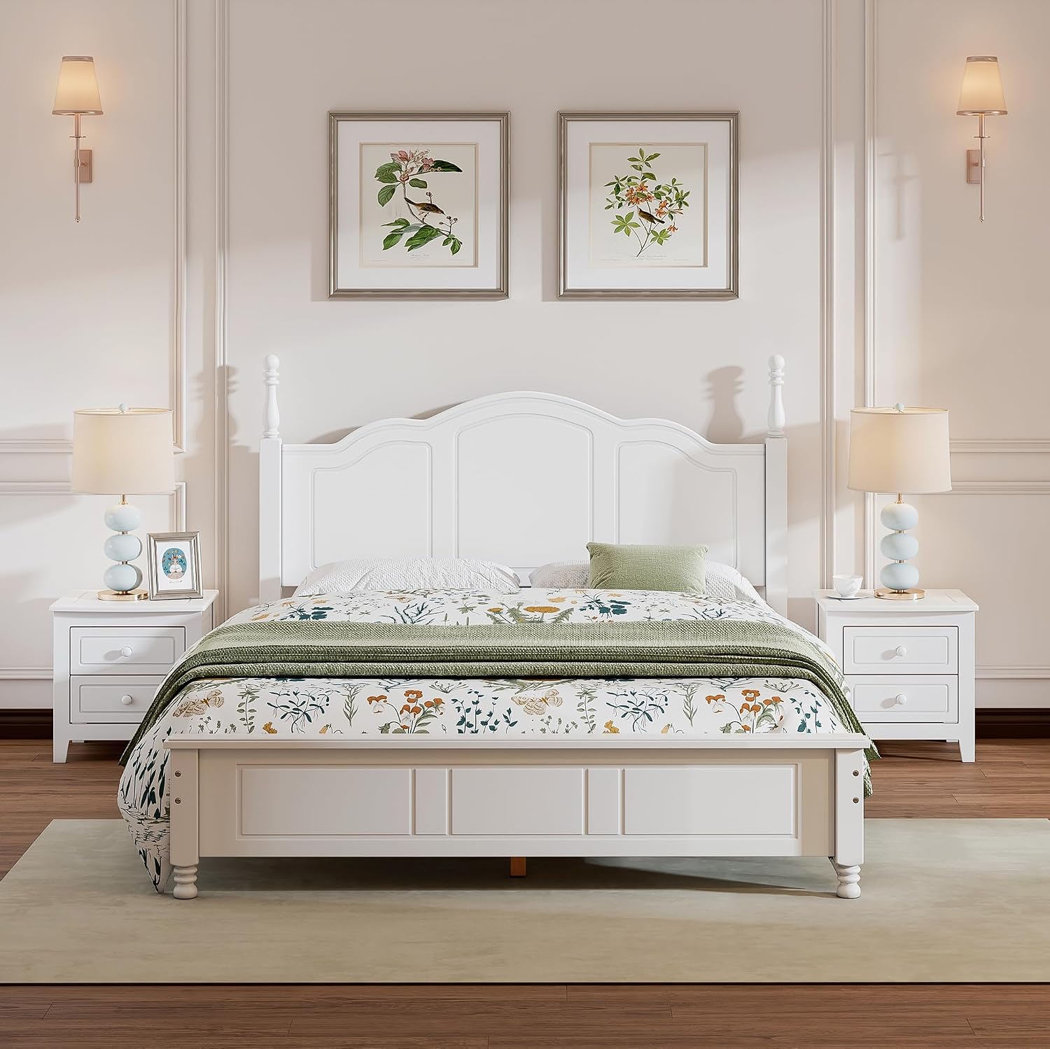 Retro 3-Pieces Bedroom Sets, Queen Size Wood Platform Bed and Two Nightstands, Mattress Foundation, Strong Wood Slat Support, Platform Bed with Headboard for Bedroom (White, Queen Bedroom Sets, 3)
