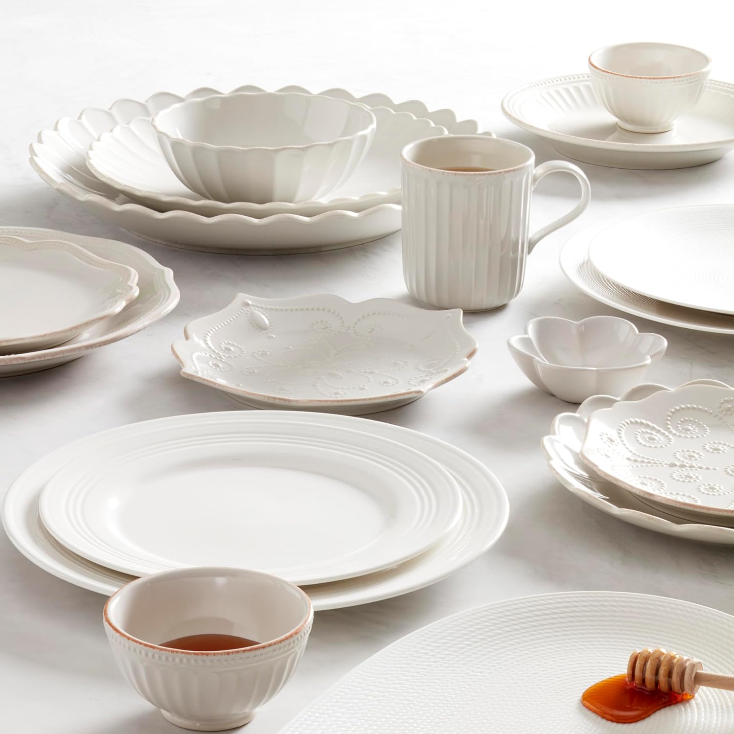 Lenox Dinnerware Sets, French Perle Scallop White 18-Piece Dinnerware Set, Service For 6, Stoneware Material, Dishwasher Safe, Microwave Safe, Bowls, Plates And Bowls, Dinner Dishes (White, 18 Piece)