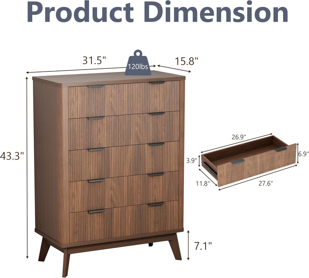 Royal Windsor Fluted 5 Drawers Dresser for Bedroom,43' Tall Wooden Dresser Chest of Drawers,Curved Profile Design,Storage Organizer for Living Room,Hallway,Brown