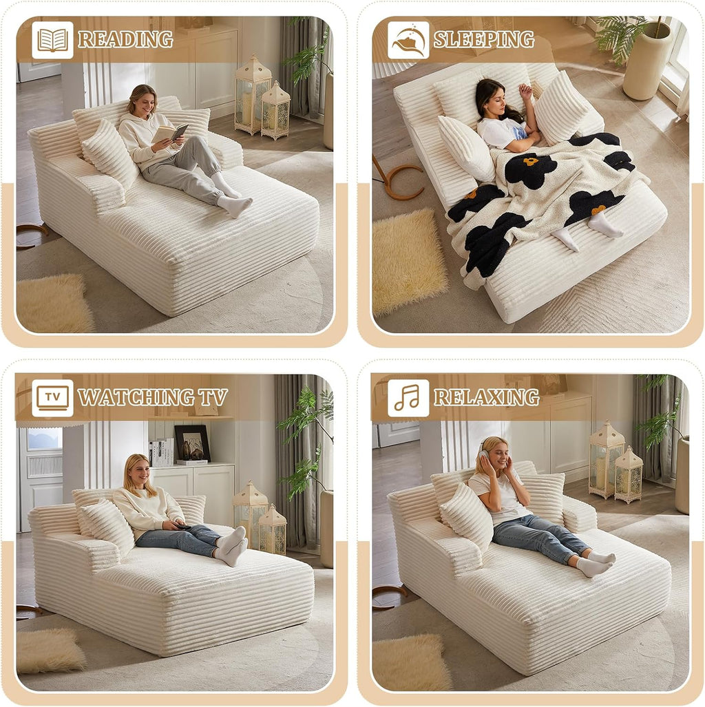 Oversized Chaise Lounge Chair Indoor, 66' Cloud Boneless Sleeper Couch Corduroy Upholstered Sofa Bed Deep Seat Comfy Reading Chair with 3 Pillows for Living Room Bedroom, Beige