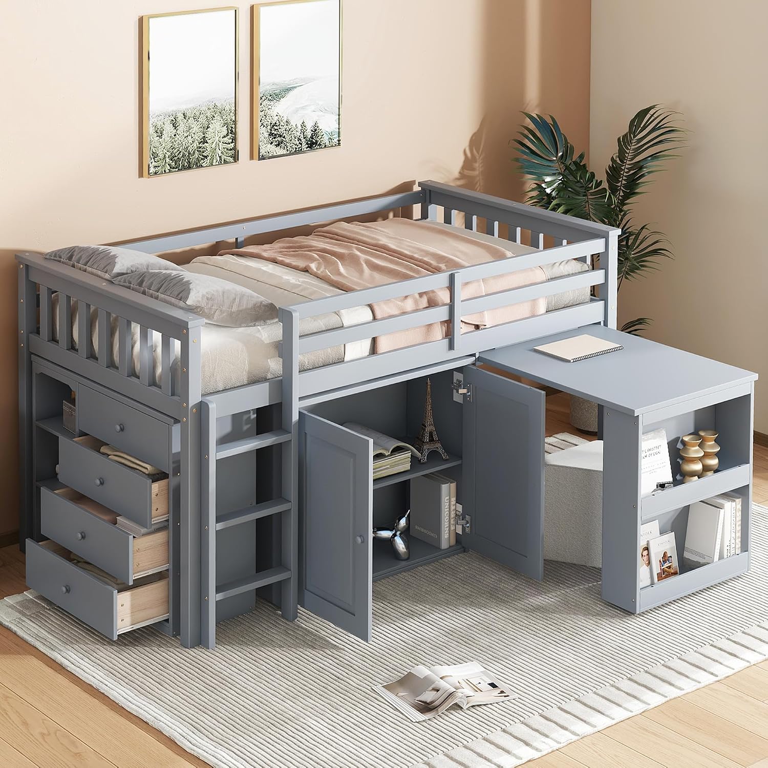 JIVOIT Twin Size Low Loft Bed, Multifunctional Loft Bed with Pulling-Out Desk, Storage Cabinet, Drawer and Shelf Cabinet, Rubber Wood Loft Bed with Safety Guardrail, Ladder, Easy Assembly (Grey/262)