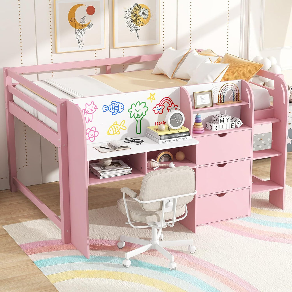 JIVOIT Full Size Loft Bed with Built-in Desk, Wooden Low Loft Bed with Storage Cabinets and Open Bookcase, Whiteboard for Graffiti, Safety Guardrail & Ladder, Easy Assembly (Pink//57)