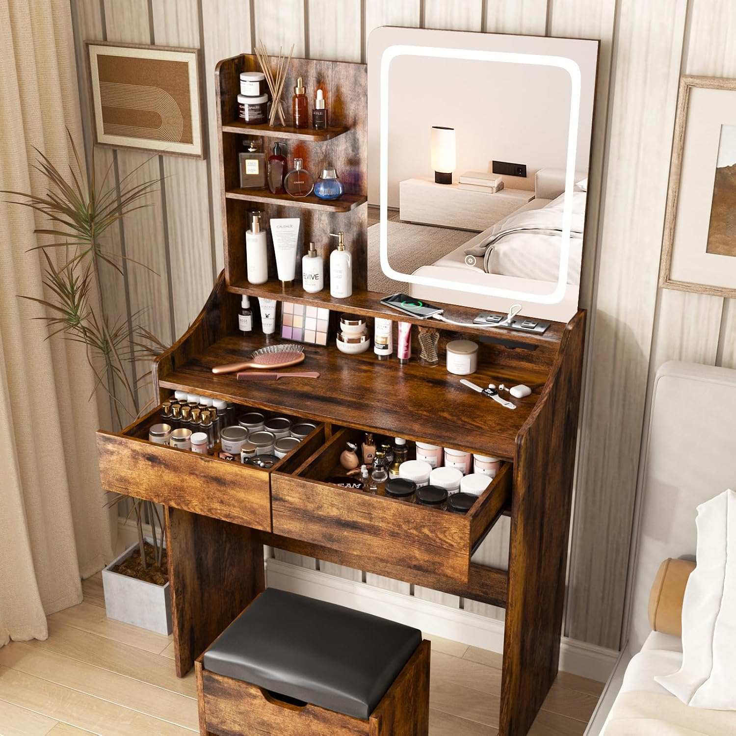 Vabches Vanity Desk with LED Light Mirror and Charging Station 30.3in, Small Vanity Set with 4 Storage Shelves 2 Drawers, Vanity for Girls Women with Storage Stool, Vanity Table for Bedroom (Brown)