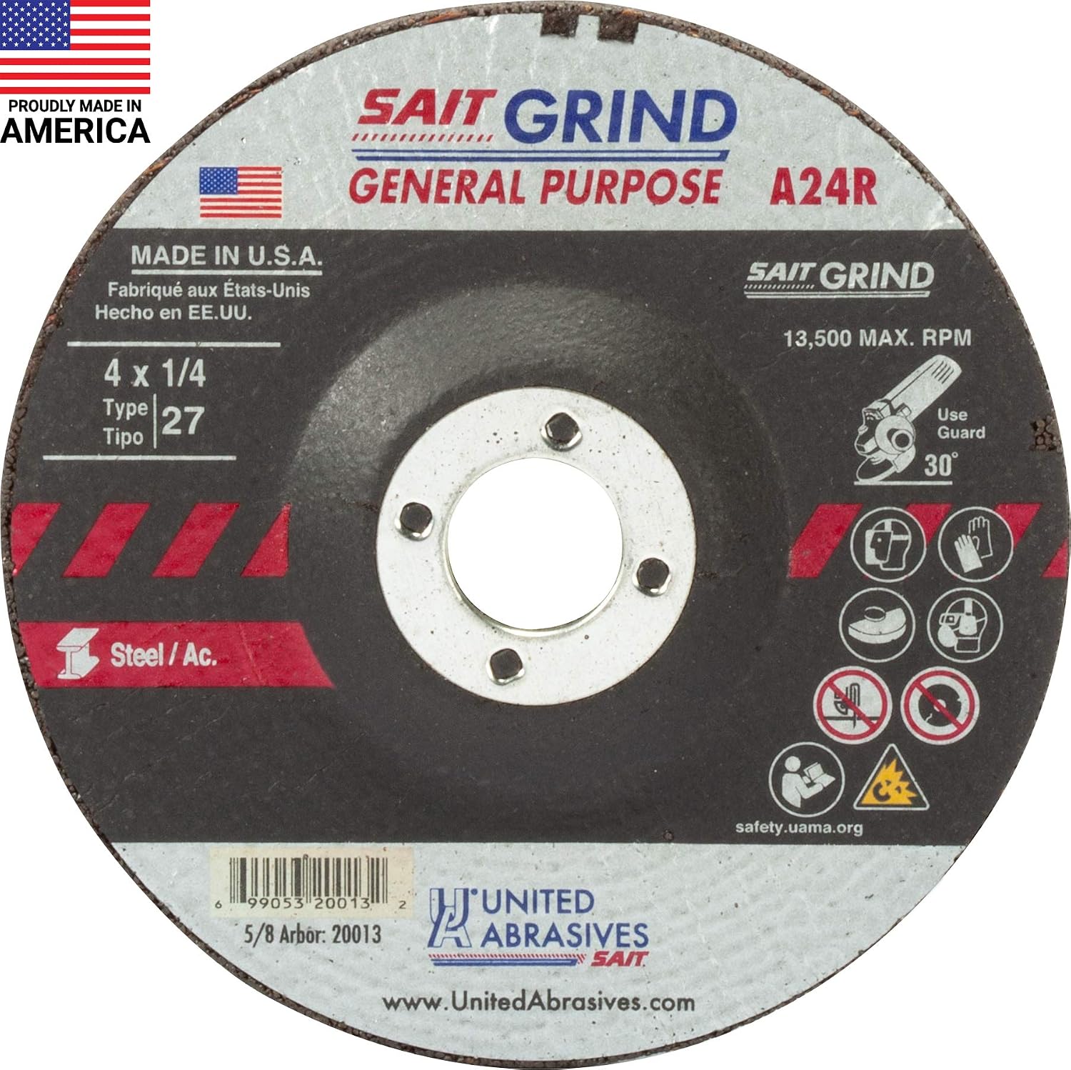 United Abrasives-SAIT 20013 A24R General Purpose/Long Life Grinding Wheel (Type 27/Depressed Center) 4' x 1/4' x 5/8' , 25-Pack