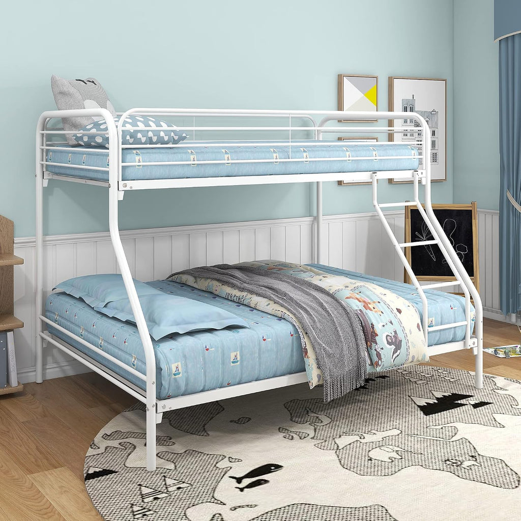 Twin-Over-Full Metal Bunk Bed with Enhanced Upper-Level Guardrail,Classic Bedroom Double Bed Frame w/Slats Support and Inclined Ladder,Easy Assembly,for Kid Adult Boy Girl Teen,White