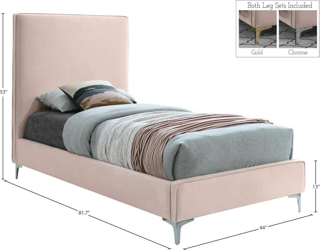 Meridian Furniture Geri Collection Modern | Contemporary Velvet Upholstered Bed with Piping on Headboard and Foorboard in Gold or Chrome Finish, Twin, Pink