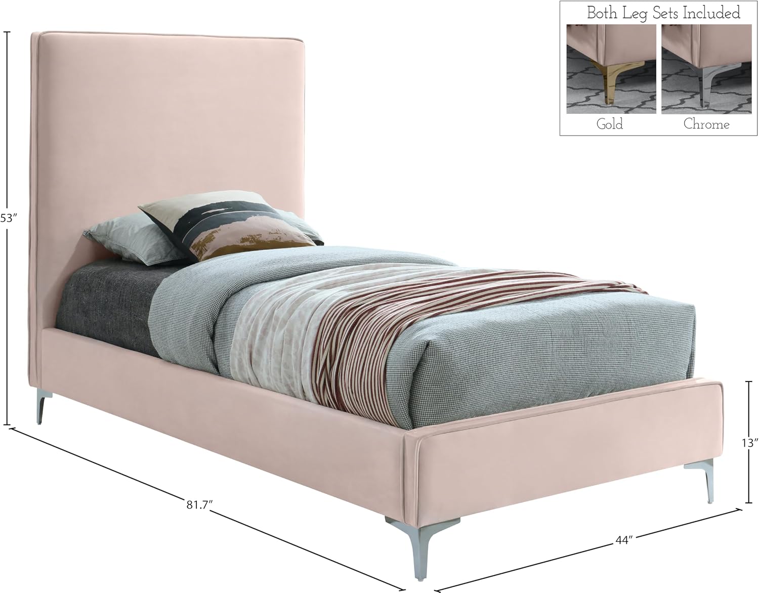 Meridian Furniture Geri Collection Modern | Contemporary Velvet Upholstered Bed with Piping on Headboard and Foorboard in Gold or Chrome Finish, Twin, Pink