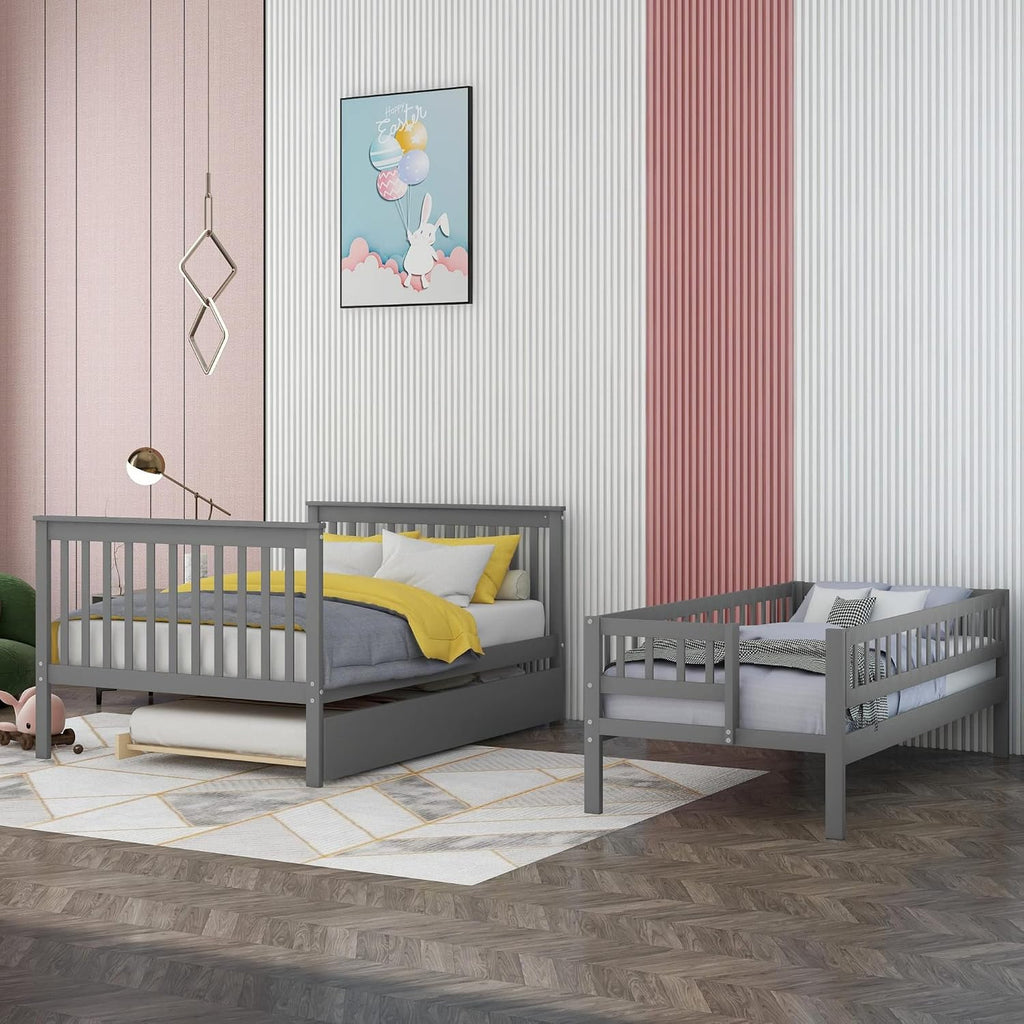 Harper & Bright Designs Bunk Beds Twin Over Full Size, Solid Wood Bunk Bed with Trundle for Kids