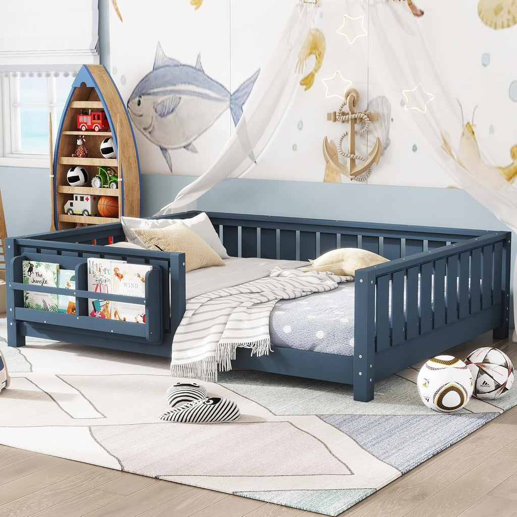 Bellemave Full Size Montessori Floor Bed with Slats and Fence, Full Size Montessori Bed with Rails and Bookcase, Easy Assemble Floor Beds Frame,Blue
