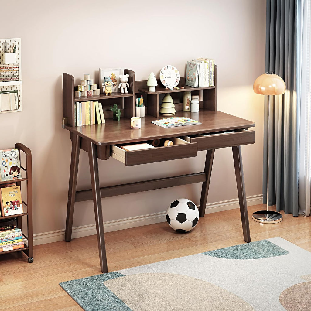 Kids Desk＆Table Rubber Wood Children's Study Desk with Bookshelf and Two Drawers Desk for 3 Years Old and Above Student's Study Computer Workstation & Writing Table for Home Use(Brown