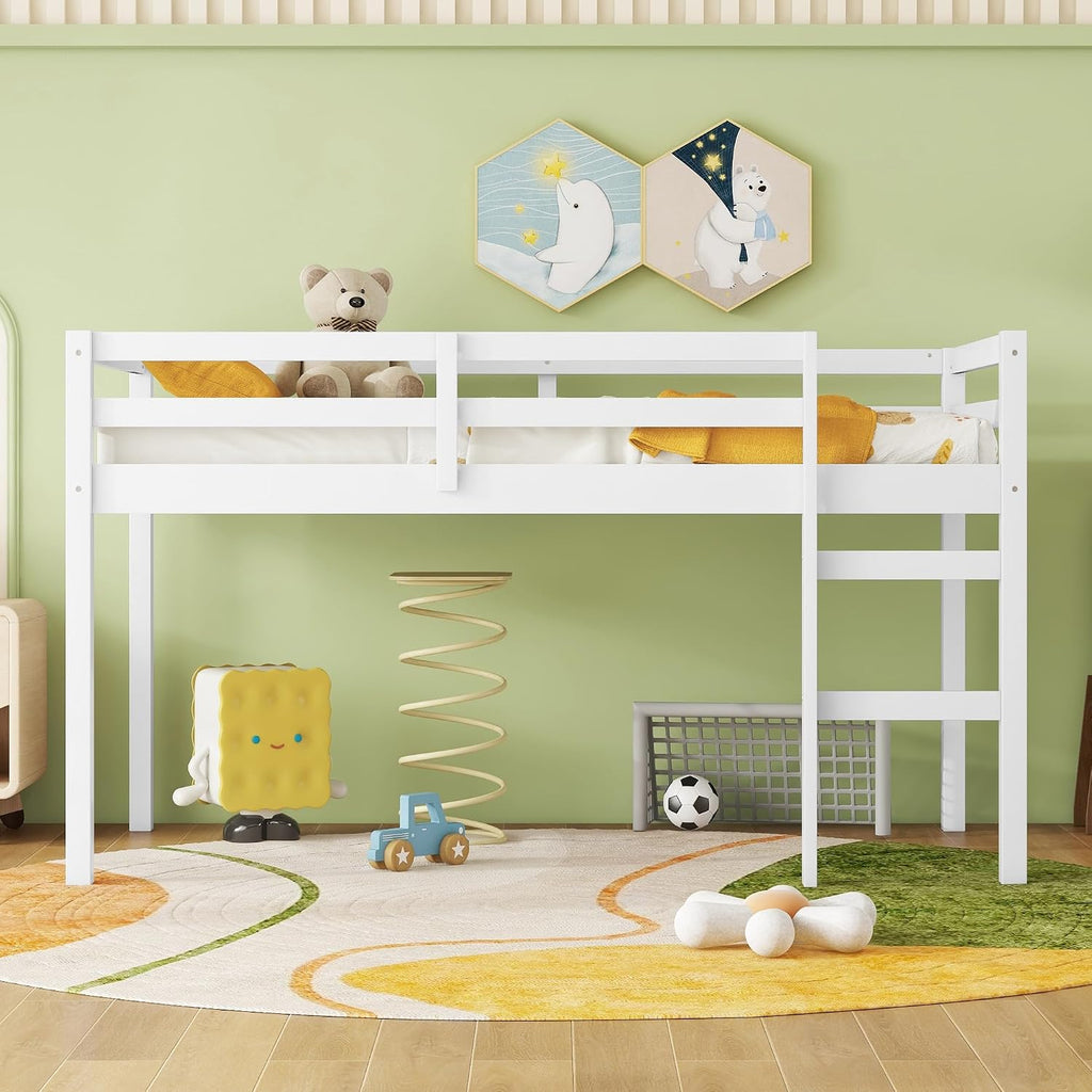 JIVOIT Wood Low Loft Bed Frame with Ladder, Solid Rubber Wooden Twin Loft Bed, Bed Platform of Strengthened Slats, Space Saving Design, No Box Spring Needed (White,104)