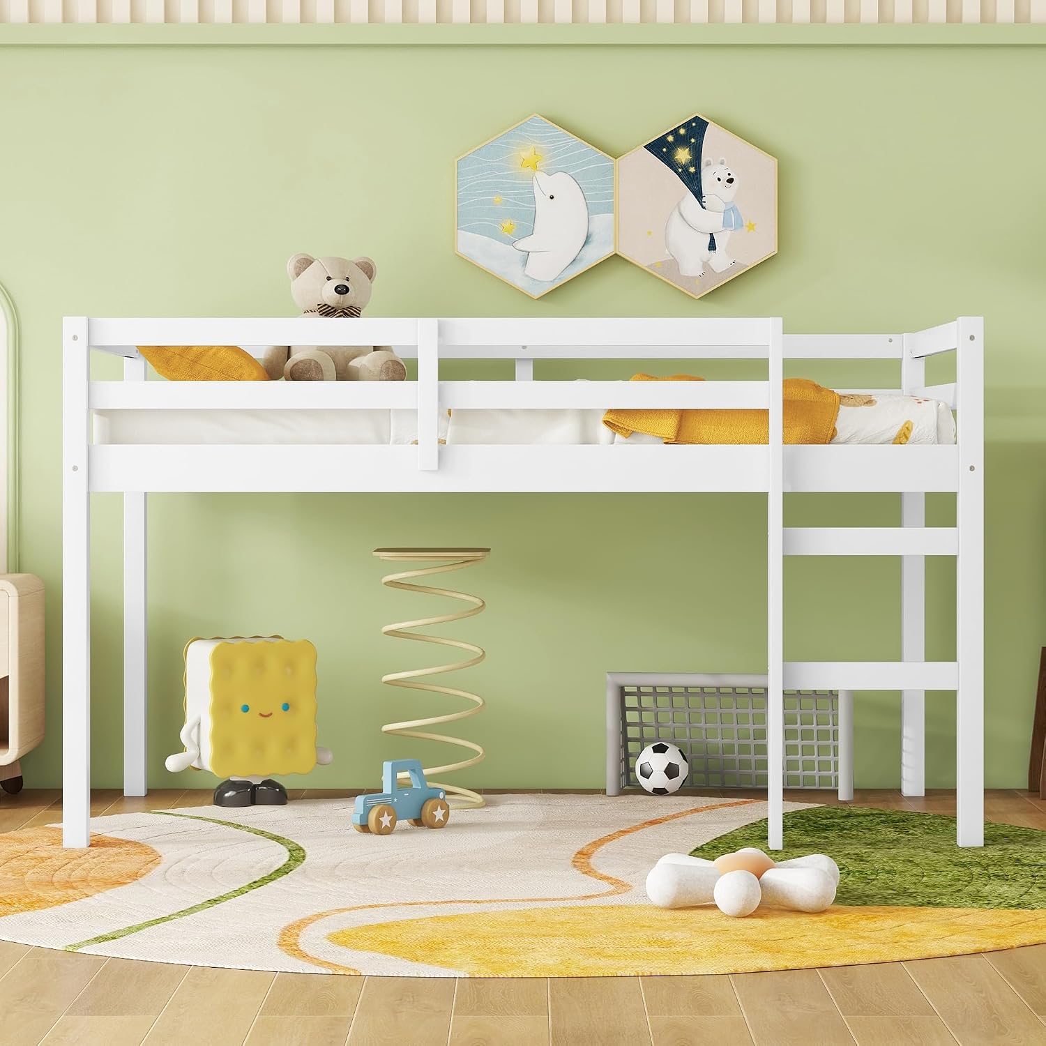 JIVOIT Wood Low Loft Bed Frame with Ladder, Solid Rubber Wooden Twin Loft Bed, Bed Platform of Strengthened Slats, Space Saving Design, No Box Spring Needed (White,104)
