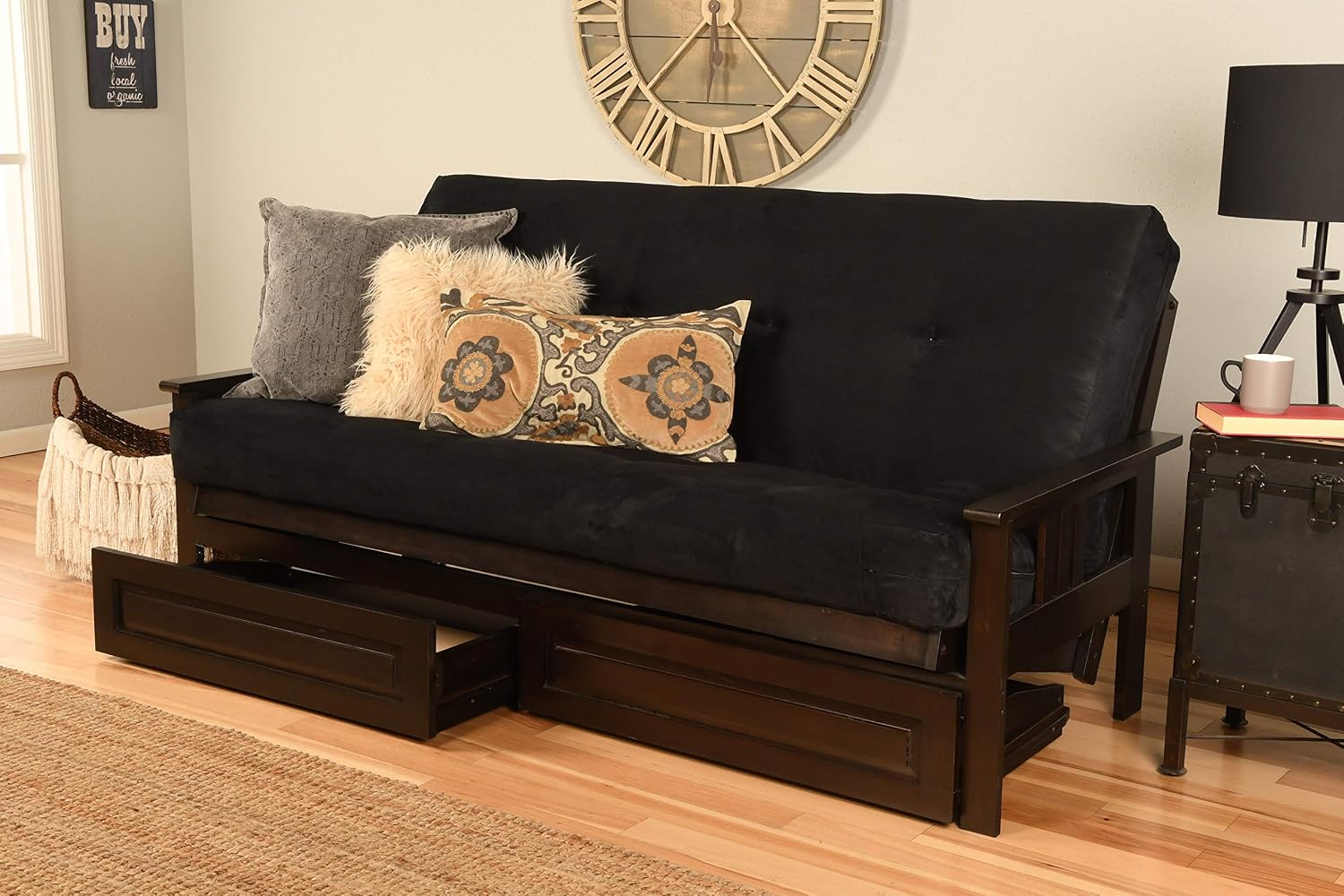 Kodiak Furniture Monterey Futon Set with Storage Drawers, with Espresso Base and Suede Black Mattress