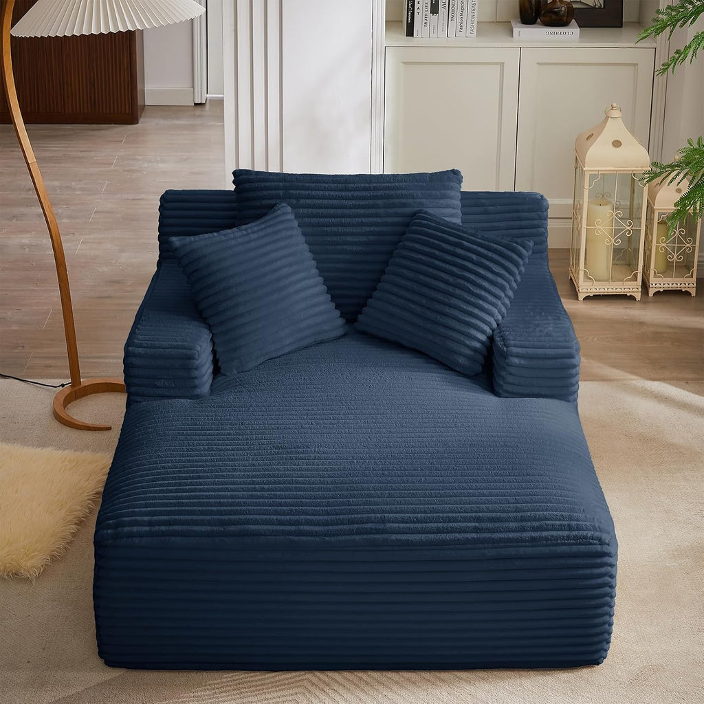 Oversized Chaise Lounge Chair Indoor, 66' Cloud Boneless Sleeper Couch Corduroy Upholstered Sofa Bed Deep Seat Comfy Reading Chair with 3 Pillows for Living Room Bedroom, Blue
