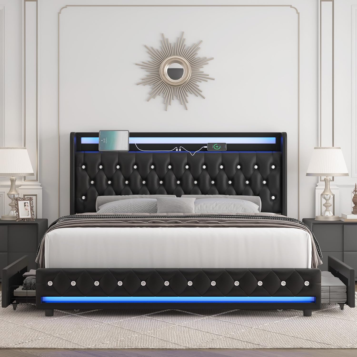HIFIT Full LED Bed Frame with Charging Station and 2 Storage Drawers, PU Upholstered Platform Bed with Handcrafted Crystal Button Wingback Headboard, Metal Frame with No Box Spring Needed, Black