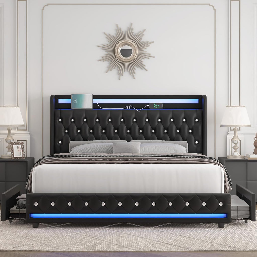 HIFIT Queen LED Bed Frame with Charging Station and 4 Storage Drawers, PU Upholstered Platform Bed with Handcrafted Crystal Button Wingback Headboard, Metal Frame with No Box Spring Needed, Black