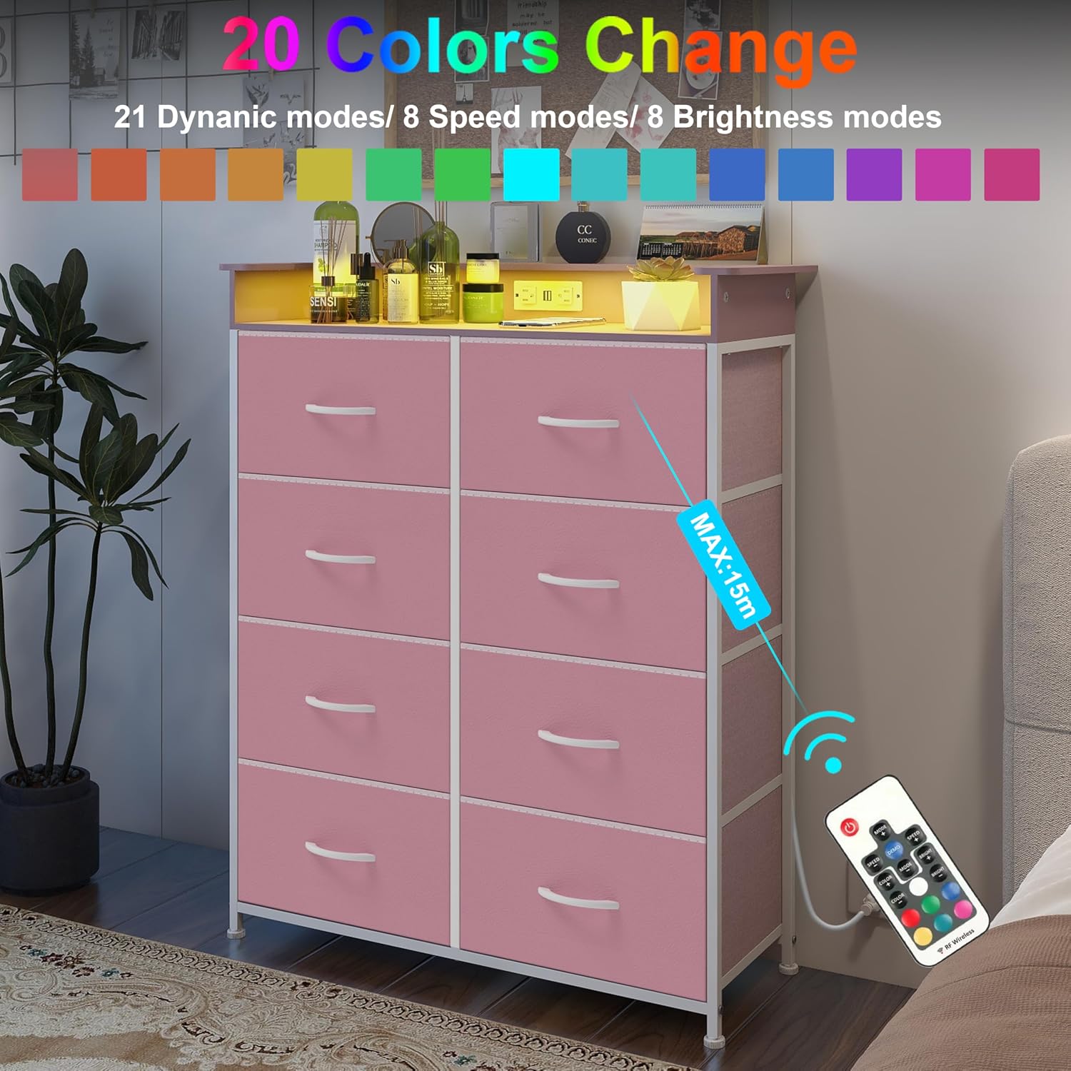 Pink Dresser for Bedroom with Charing Station Dressers with LED Lights Tall Dresser with 8 Drawers Storage Tower for Closet Living Room Hallway Entryway Sturdy Steel Frame Wood Top