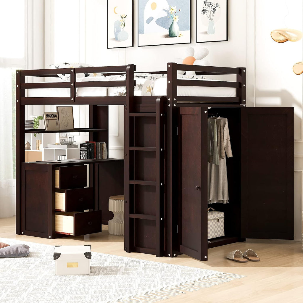 Twin Size Loft Bed with Drawers and Desk, Wardrobe, Ladder for Kids, Adults, Girls, Bedroom, Easy Assembly, No Box Spring Needed, Space-Saving, Espresso