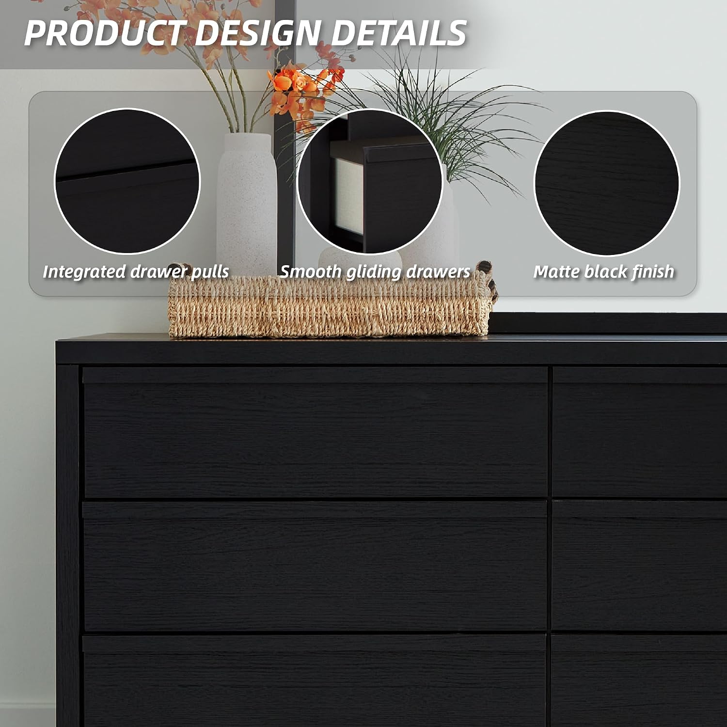 Signature Design by Ashley Danziar Mid-Century Modern 6-Drawer Dresser and Mirror with Safety Stop, Black