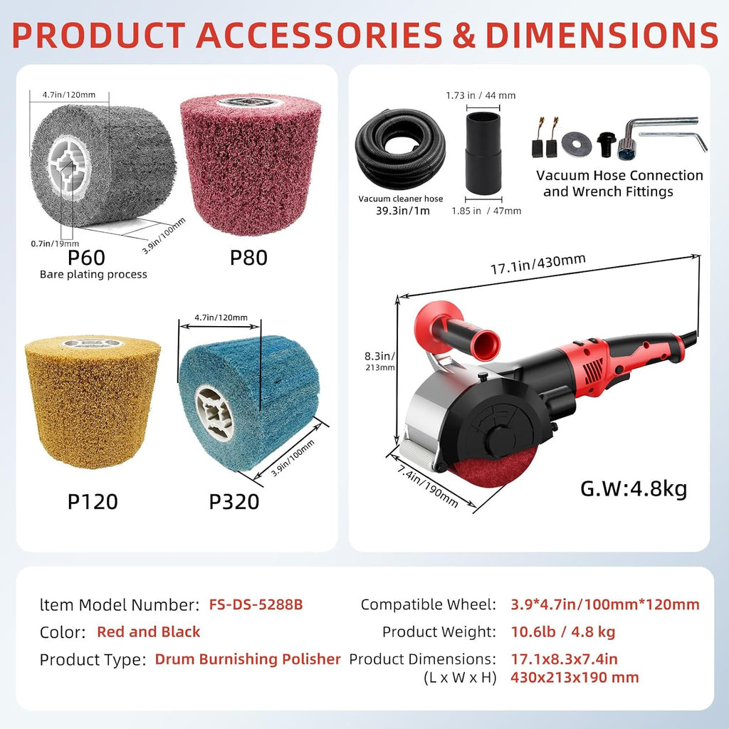 1380W Dustless Drum Burnishing Polisher, 6-Speed Variable Surface Conditioning Machine for Rust Removal, Paint Stripping, Stainless Steel Satin Finishing & Wood Restoration
