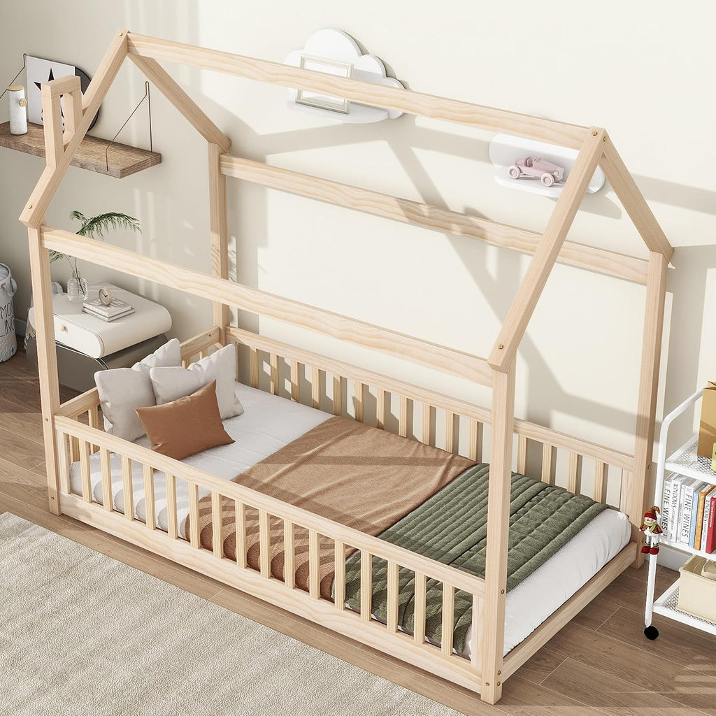 Twin Floor Bed with Slats, Twin Floor Bed for Children, Wooden Montessori Bed with Fence, House Bed for Boys Girls Bedroom - Natural