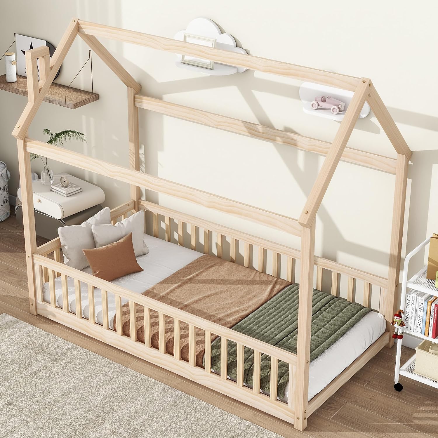 Twin Floor Bed with Slats, Twin Floor Bed for Children, Wooden Montessori Bed with Fence, House Bed for Boys Girls Bedroom - Natural