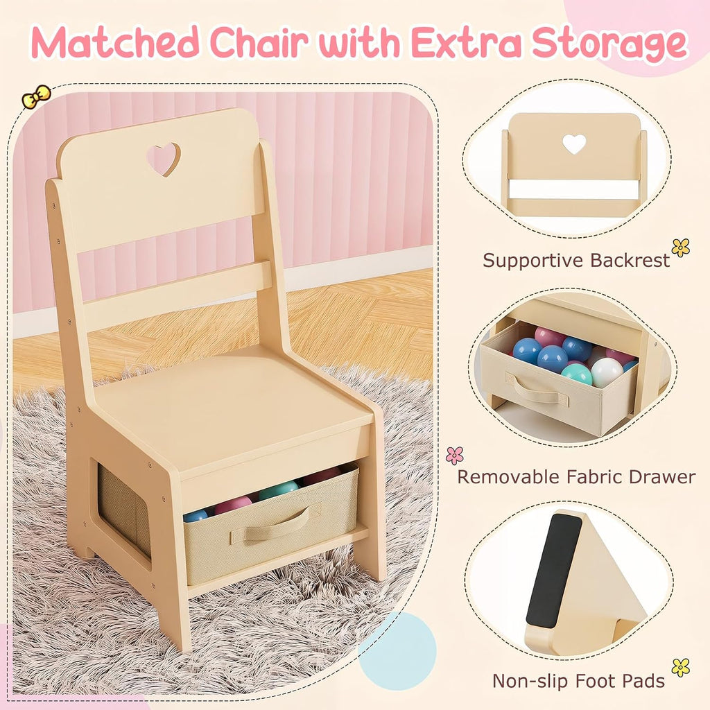 Costzon Kids Vanity, Girls Vanity Set with Lighted Mirror, Bookshelf, Jewelry Storage, Toddler Makeup Vanity Desk Dressing Table, Wooden Kids Vanity Table and Chair Set (Natural)