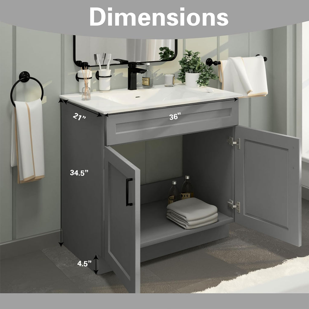 36' Light Grey Shaker Bathroom Vanity Base – Ready-to-Assemble Sink Cabinet, Freestanding Bathroom Vanity Base Only, No Top or Sink