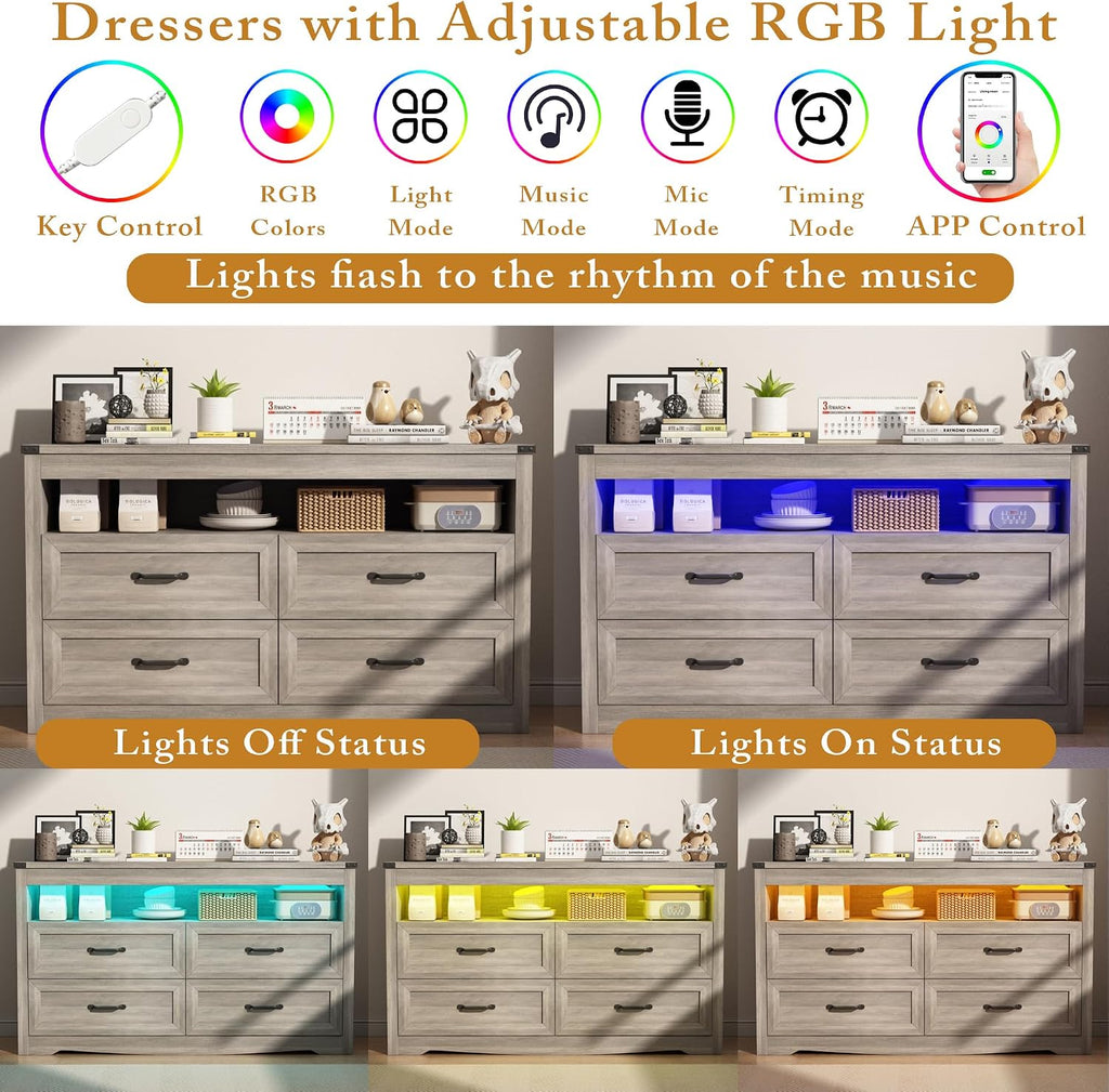 Wodeer Grey Dresser for Bedroom, Wooden 4 Drawer Dresser with LED Light, Dressers & Chests of Drawers with Metal Handles, Storage and Organization for Bedroom, Hallway, Entryway, Gray