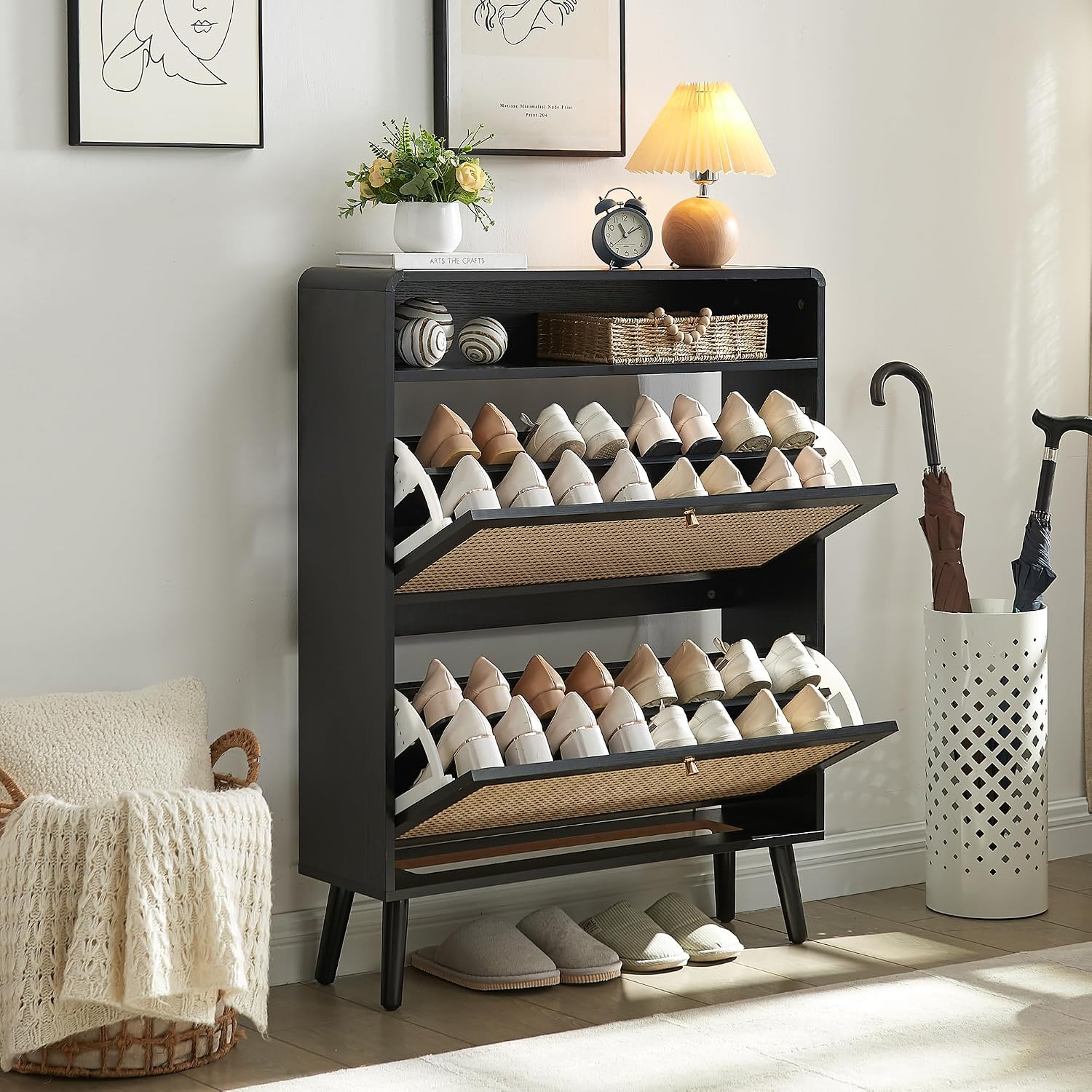 Shoe Storage Cabinet with 2 Flip Drawer Natural Rattan Shoe Cabinet Organizer Freestanding Wooden Shoe Rack Storage Cabinet with Metal Legs for Entryway Hallway Bedroom Mudroom(Black)