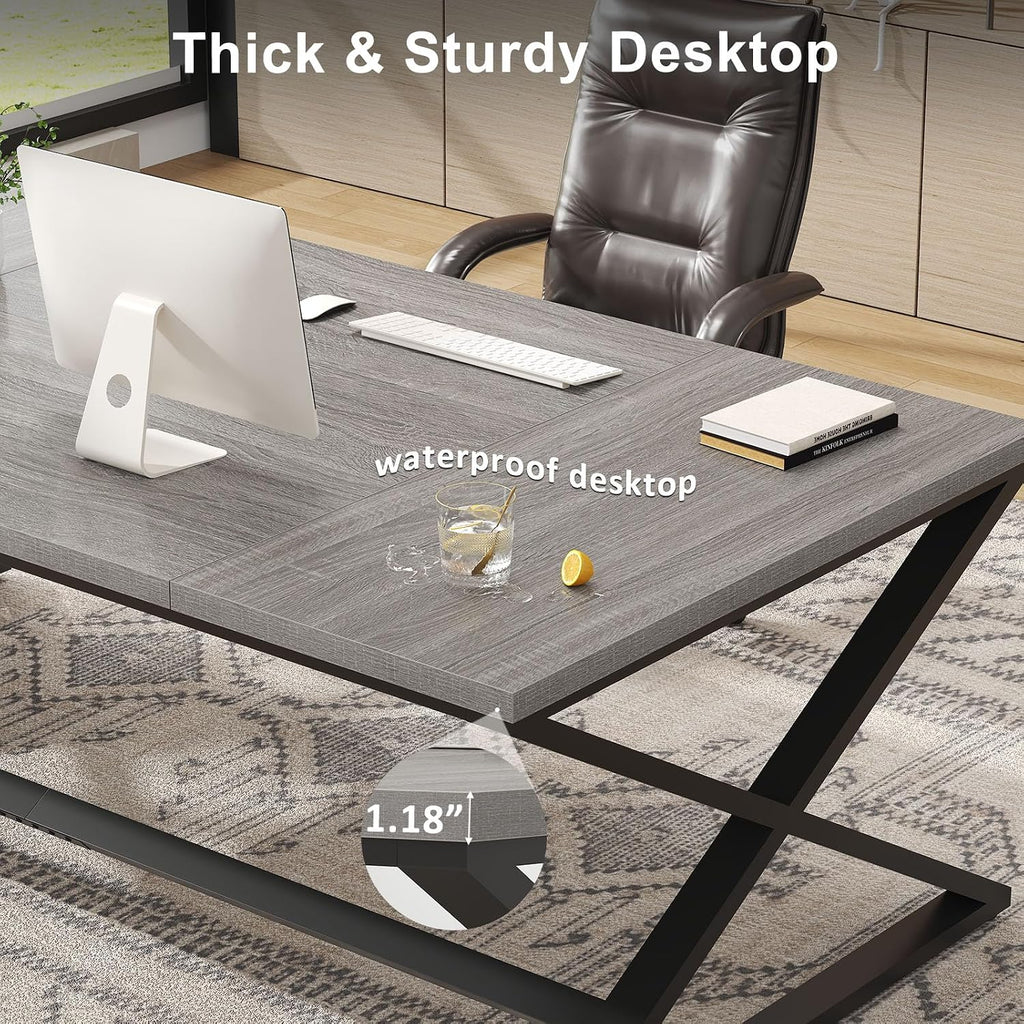 IBF Extra Large Desk, 78.7' Long Home Office Computer Desk, Simple Wide Work Desks for Writing Study in Bedroom, Industrial Wood Metal Game Desks Executive Workstation Conference Table, Light Grey Oak