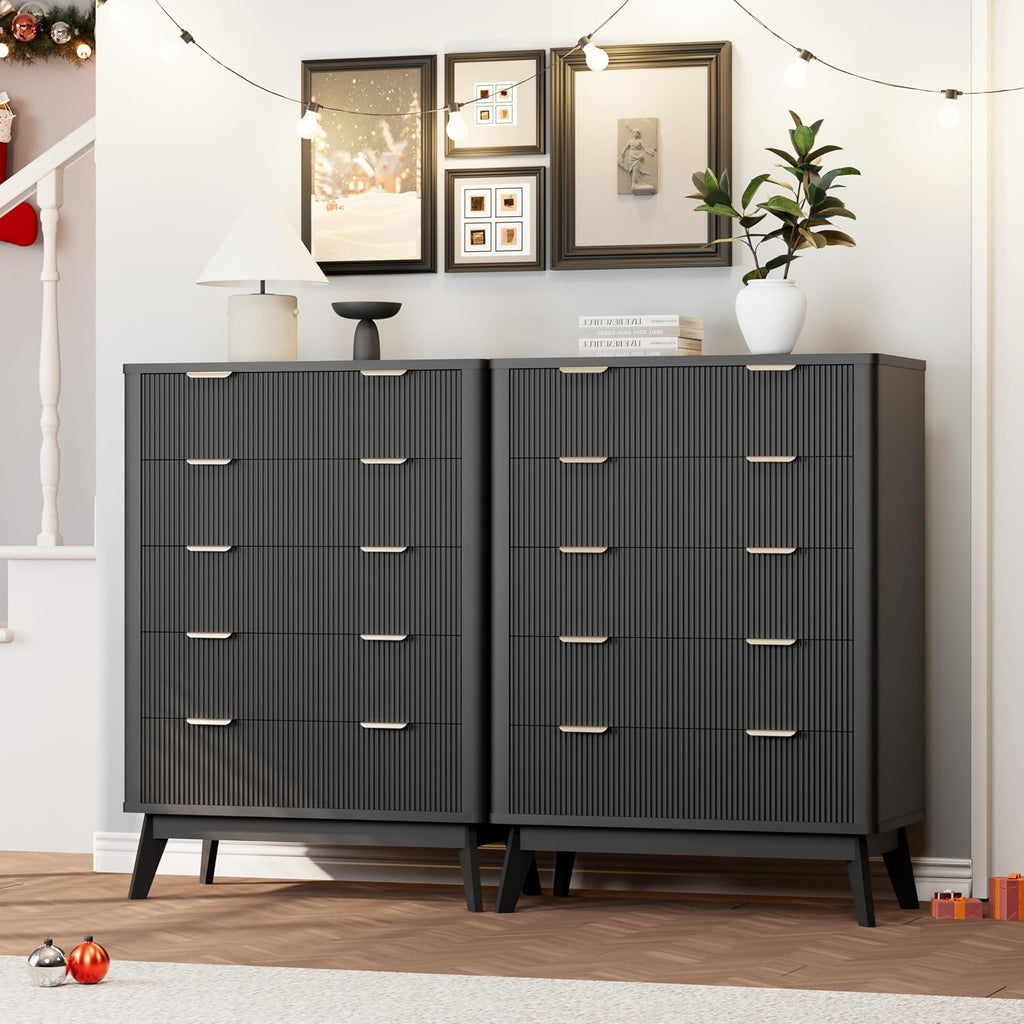 Royal Windsor Fluted 5 Drawers Dresser for Bedroom,43' Tall Wooden Dresser Chest of Drawers,Curved Profile Design,Storage Organizer for Living Room,Hallway,Black