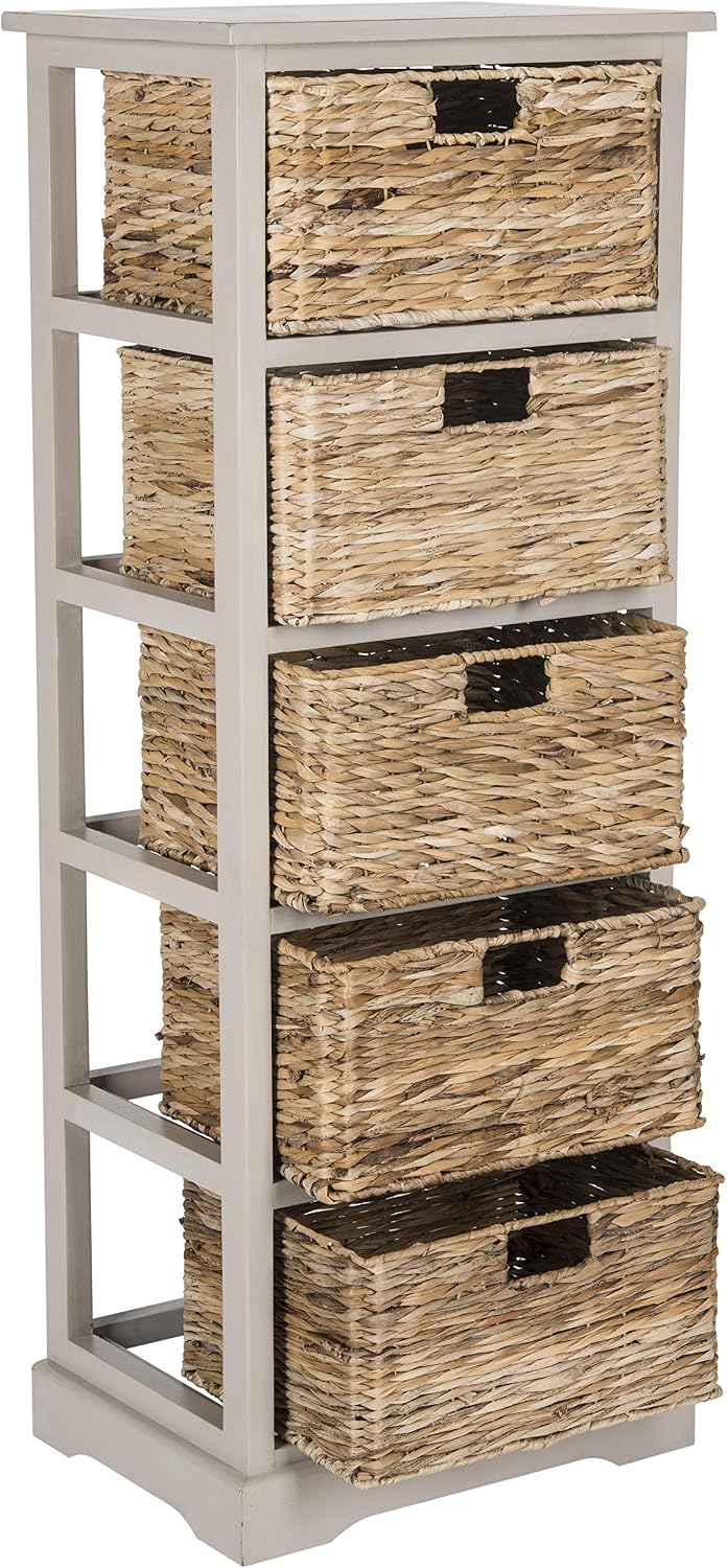 SAFAVIEH Furniture - Vedette 5-Basket Storage Tower - Vintage Grey - Solid Wood - Coastal Basket Tower Design - Ideal for Entryway, Living Room, 17.5'W x 13.5'D x 46'H - Fully Assembled (AMH5739D)