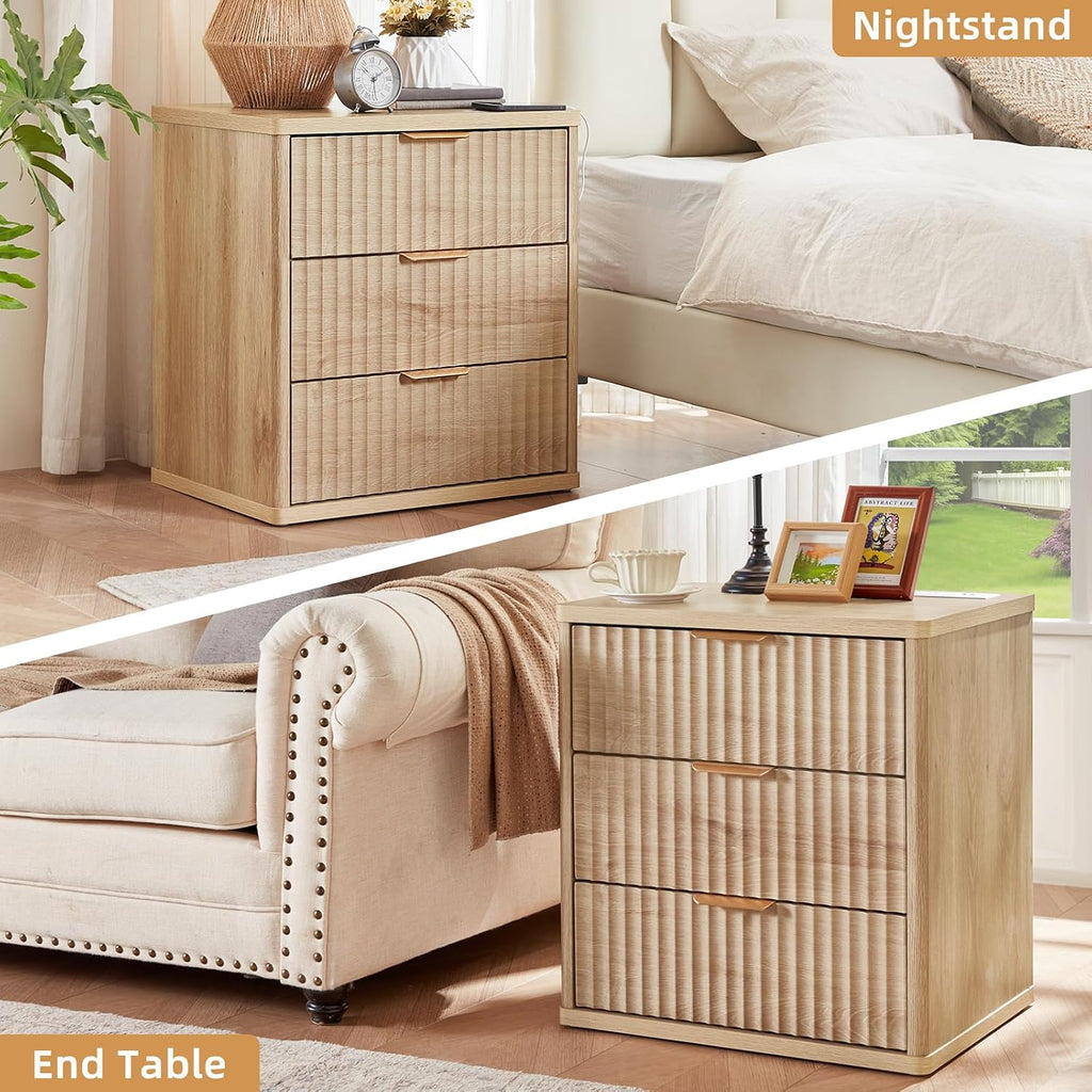 LEYAOYAO 23' Wide Fluted Night Stand with Charging Station, 3 Drawers Large End Table with Storage, Natural Nightstand Wood Bedside Tables, Farmhouse Cabinet Dresser for Bedroom, Closet