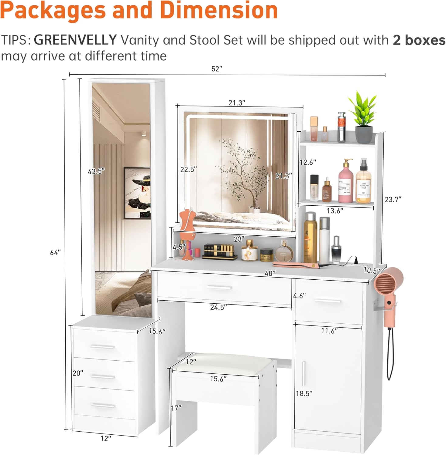 Greenvelly Vanity Desk with Mirrors and Lights,White Modern Vanity with Lighted Mirror and Chair,Makeup Dressing Table with Drawers for Women,Girl,Bedroom