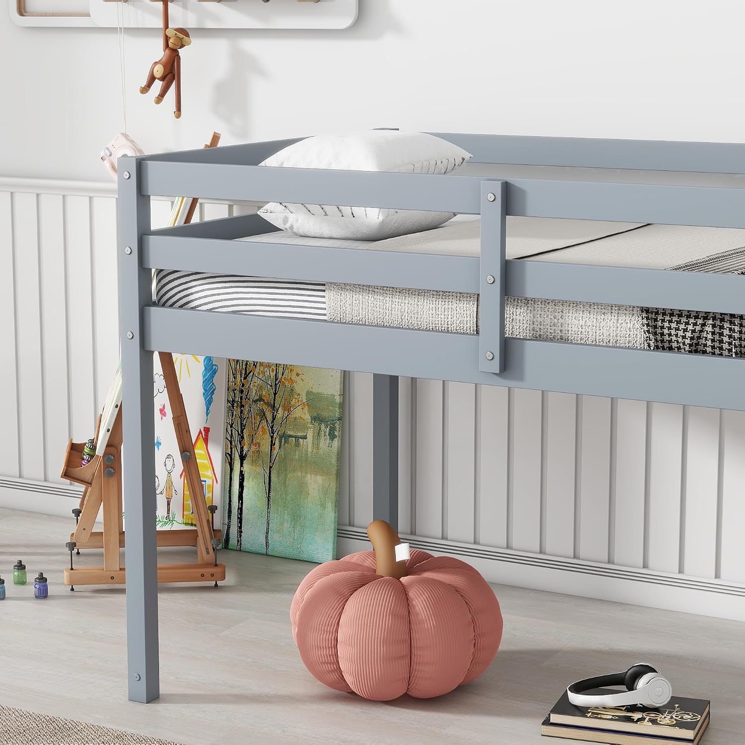 JIVOIT Wood Low Loft Bed Frame with Ladder, Solid Rubber Wooden Twin Loft Bed, Bed Platform of Strengthened Slats, Space Saving Design, No Box Spring Needed (Gray,104)