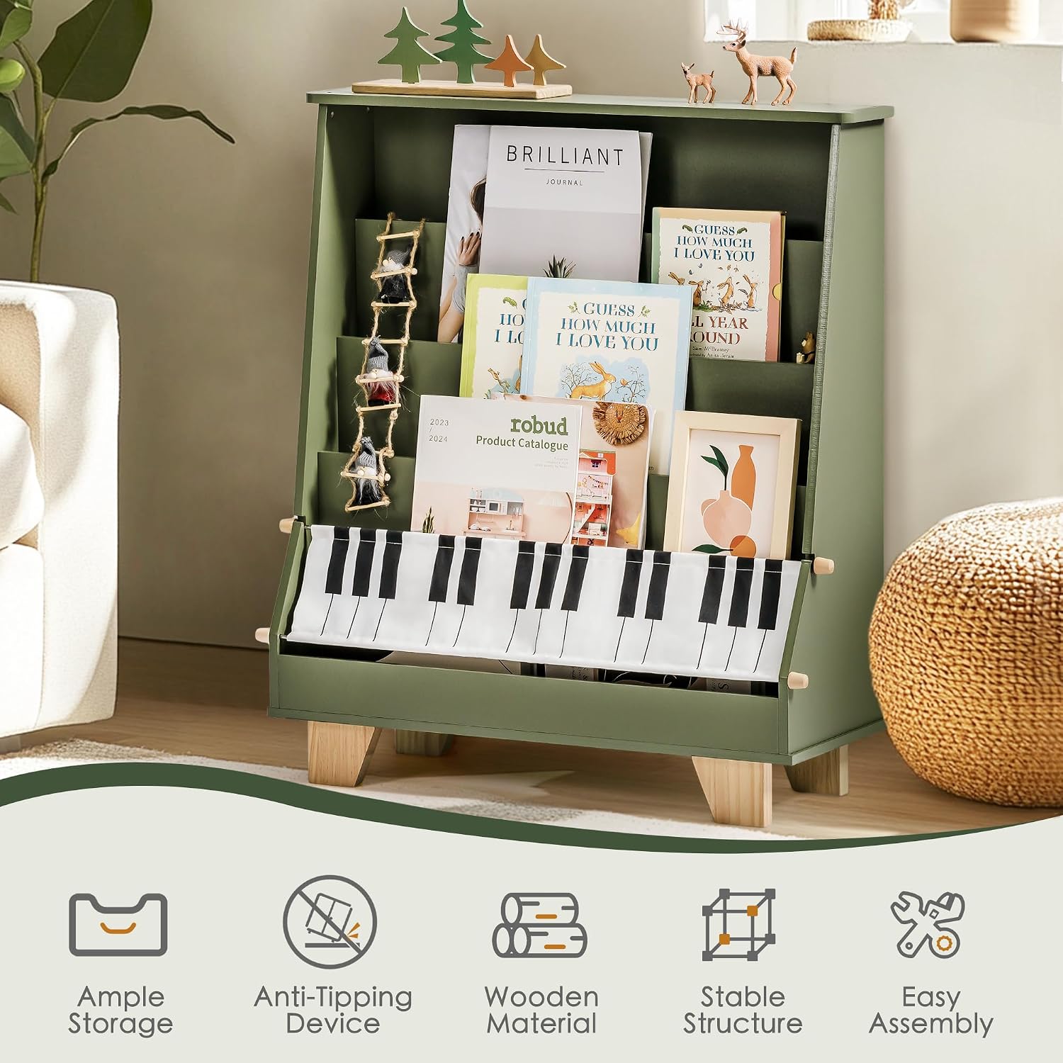 ROBOTIME 4-Tier Kids Bookshelf - Toddler Bookshelf for Classrooms, Playrooms, and Nursery - Wooden Kids Bookcase Front and Back Storage, Children Book Rack for Boys, Girls (Green)