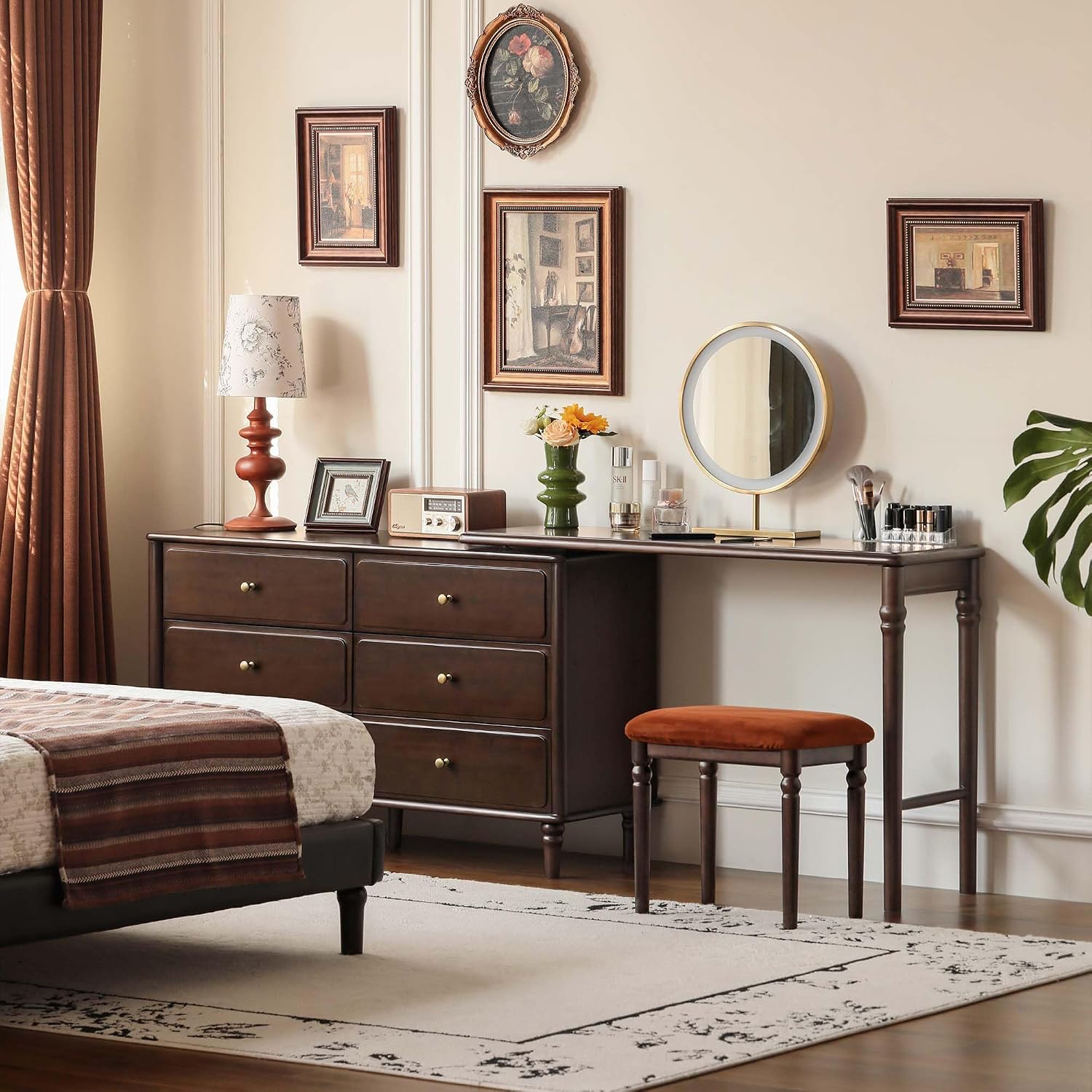 YESWOOD Large Vanity Desk with 6 Storage Dresser, Poplar Wood Adjustale Makeup Table for Girls, Vanity Set for Bedroom, Living Room, 97' D x 16' W x 31' H（no Chair no Mirror）
