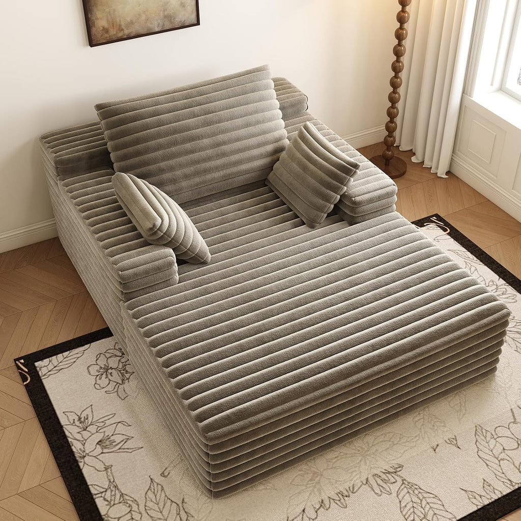 Oversized Chaise Lounge Chair Indoor, 62.6' Cloud Boneless Sleeper Couch Corduroy Upholstered Sofa Bed Deep Seat Comfy Reading Chair with 3 Pillows for Living Room Bedroom, Camel