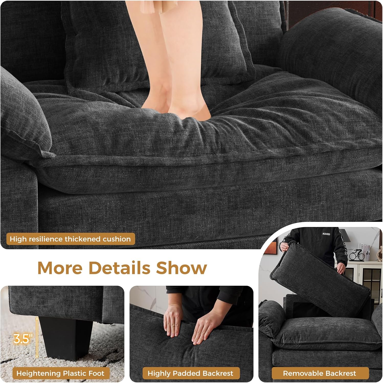 HUSFU Oversized Accent Chair with Ottoman, Chenille Cloud Couch Chair with Deep Seat and Extra Wide Armrests, Comfy Reading Armchair for Bedroom, Living Room, Set of 2, Black