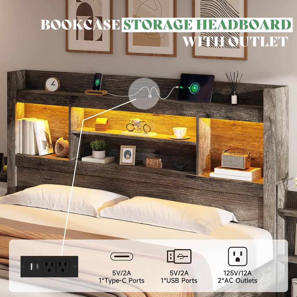AMERLIFE King Size Bed Frame with 4 Storage Drawers, LED Bed Frame with 49' Tall Bookcase Headboard, Wood Platform Bed with Charging Station & 2 Slide Bedside Shelf, No Box Spring Needed/Rustic Grey