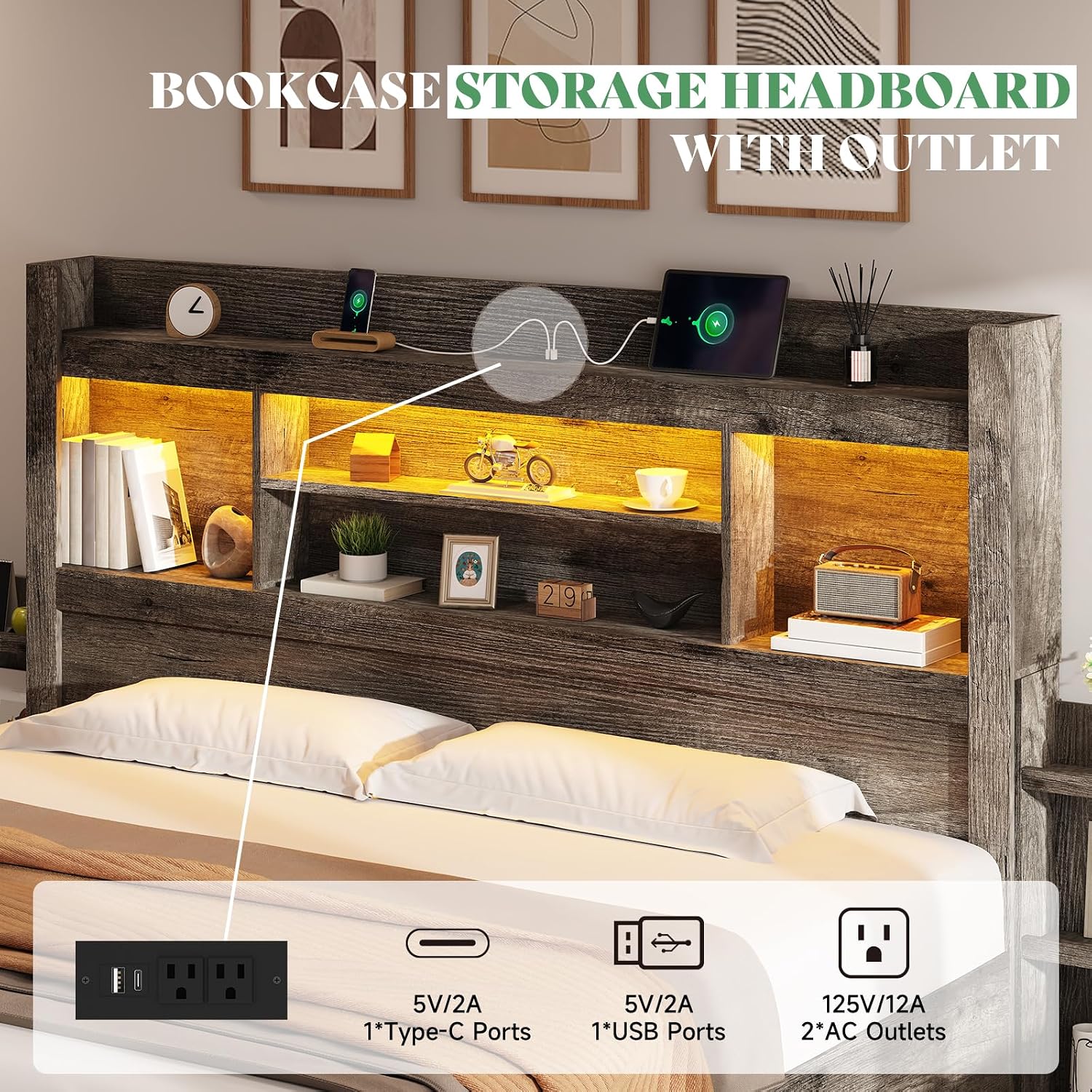 AMERLIFE King Size Bed Frame with 4 Storage Drawers, LED Bed Frame with 49' Tall Bookcase Headboard, Wood Platform Bed with Charging Station & 2 Slide Bedside Shelf, No Box Spring Needed/Rustic Grey