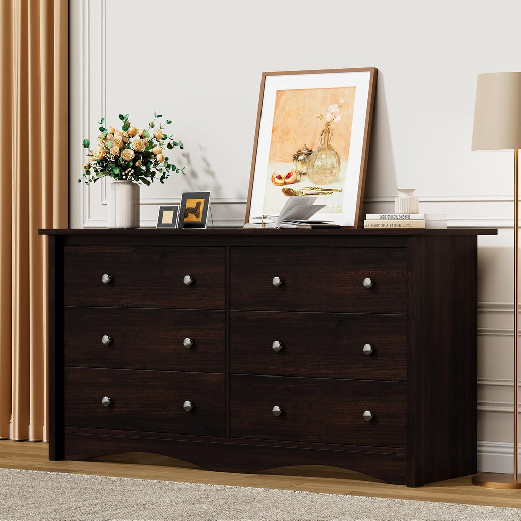 Flamaker Dresser for Bedroom, 6 Drawer Dresser, 47.2'' Wood Dressers, Wide Chest of Drawer, Storage Drawers, Storage Organizer for Closet, Hallway (Brown)