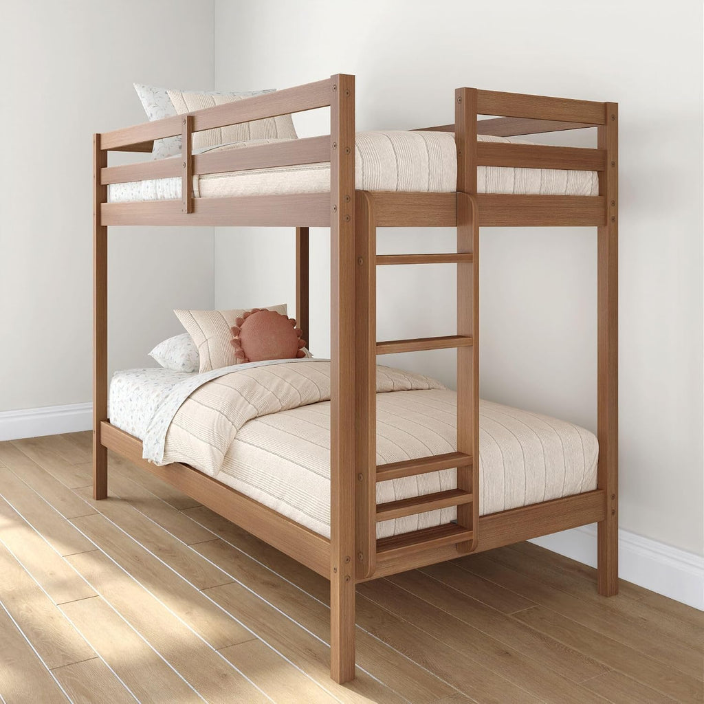 Grain & Grove Bear Twin Over Twin Bunk Bed, Sturdy Bunk Bed Frame for Kids, Plywood Bunk with Ladder, Guardrail, and Slats, No Box Spring Required, Oak Embossed Pecan