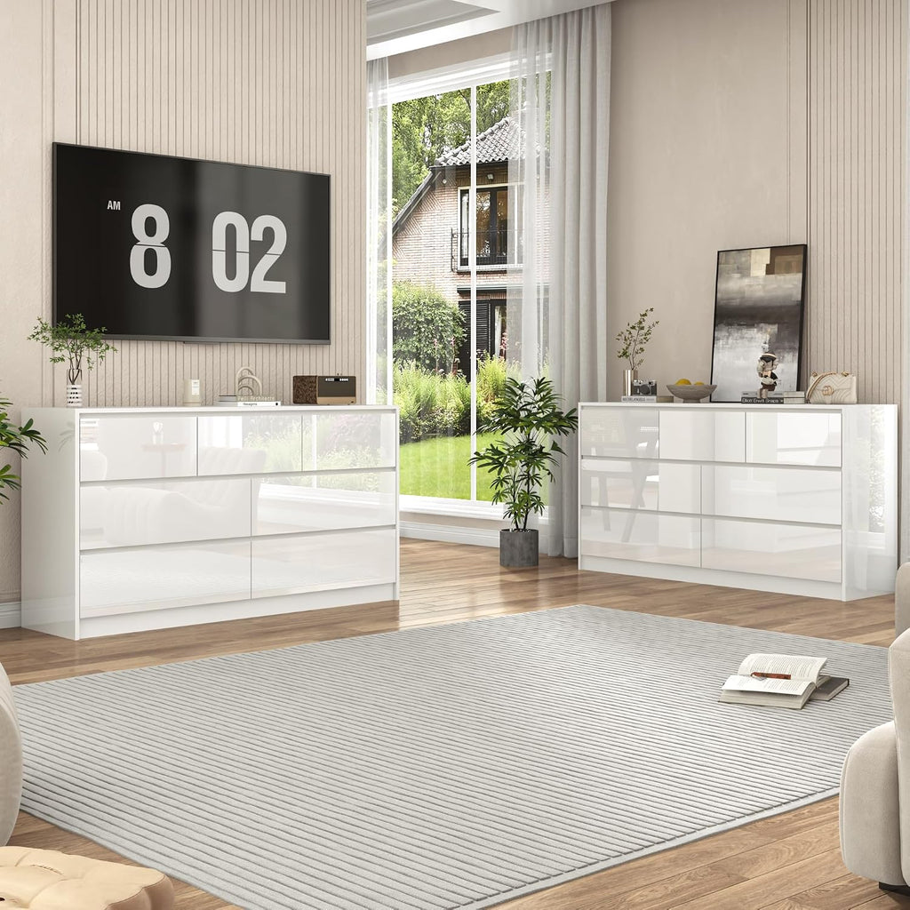 jiteentarou White Malm Dresser for Bedroom, 55 Inch Full High Gloss Dresser with 7 Drawers, Modern Large Wood Chest of Drawer Handle Free, Living Room, Entryway, Hallway, White