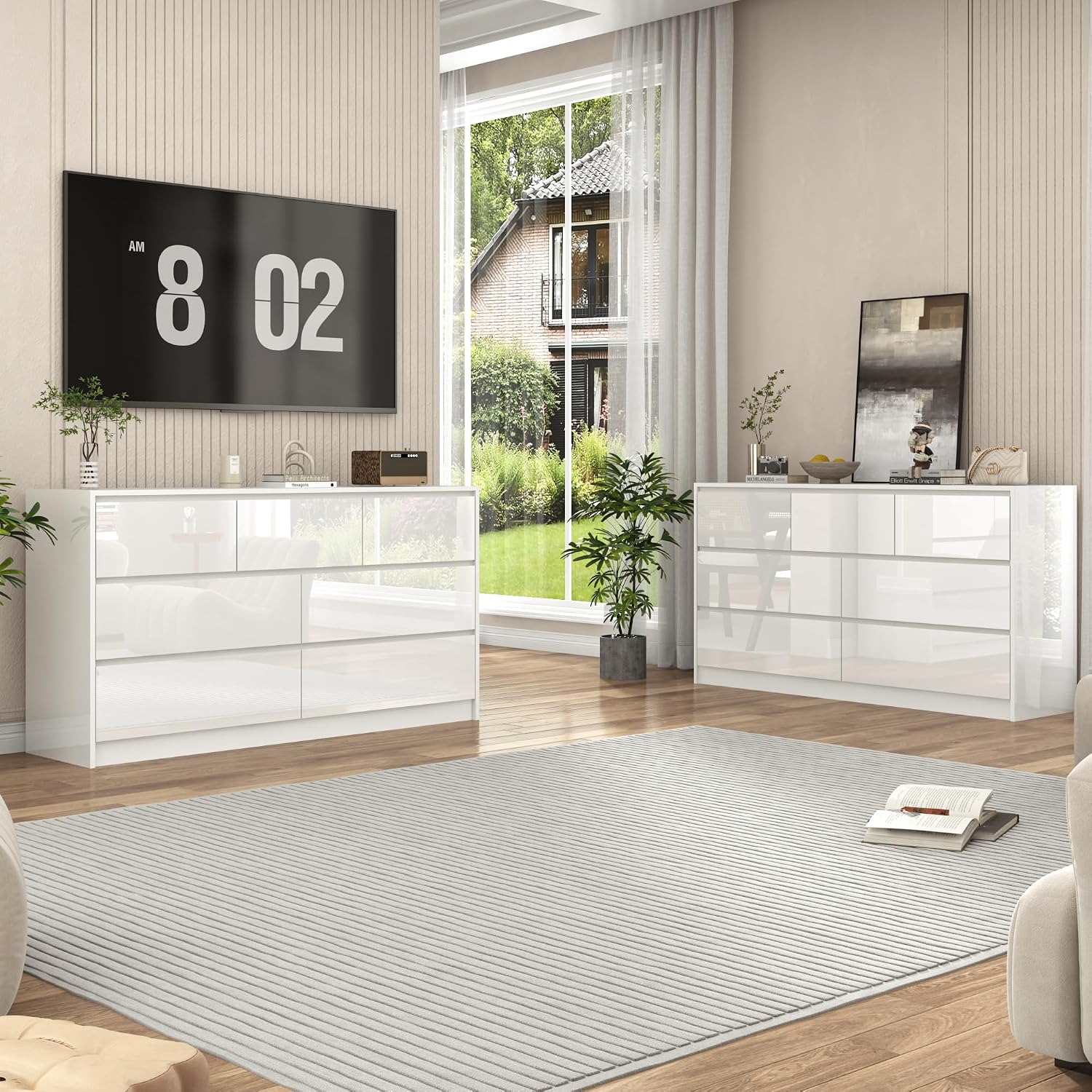jiteentarou White Malm Dresser for Bedroom, 55 Inch Full High Gloss Dresser with 7 Drawers, Modern Large Wood Chest of Drawer Handle Free, Living Room, Entryway, Hallway, White